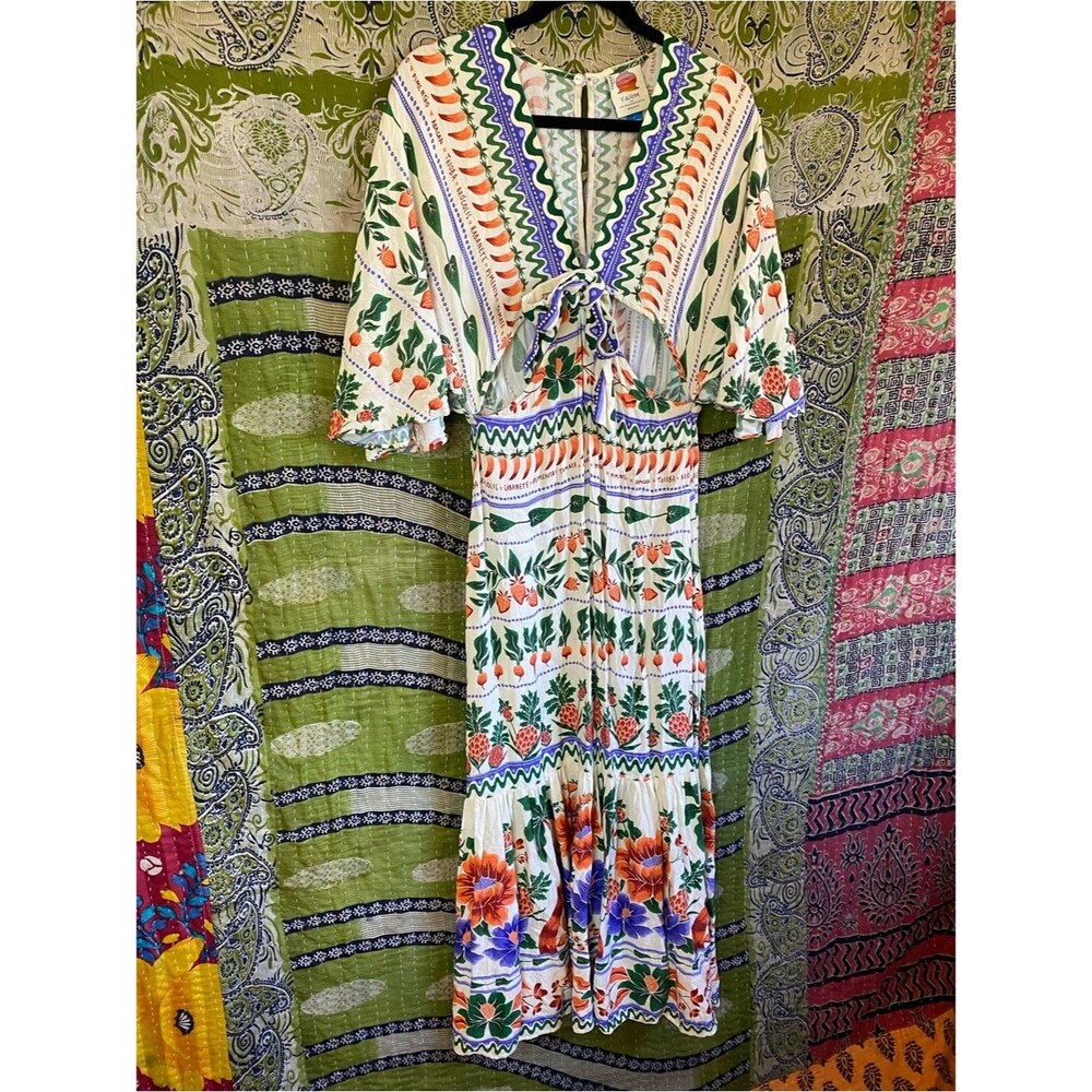 FARM Rio for Anthropologie Printed V-Neck Kaftan Maxi Cut-Out Dress Size Small - Picture 5 of 15
